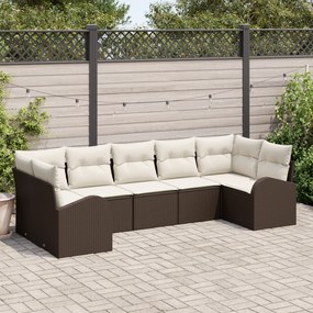 Conjunto de Sofá de Jardim de 7 Peças com Almofadas Castanho Poliratan