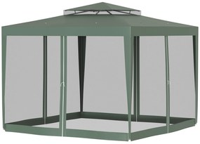 Outsunny Pérgola de Jardim 3x3m Pérgola com 4 Redes Mosquiteiras Laterais com Zíper Teto de Ventilação e 8 Orifícios de Drenagem Pérgola para Terraço Pátio Exterior Verde