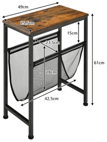 Mesa Lateral Industrial com Porta Revistas Pequena Mesa Lateral Estreita de 2 Níveis Superfície de Madeira para Sala de Estar Escritório de Quartos 49 x 25,5 x 61 cm