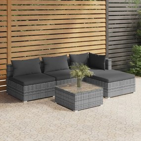 5 pcs conjunto lounge de jardim c/ almofadões vime PE cinzento