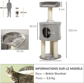Arranhadores para gatos com arranhadores, árvore para trepar, casinha e plataforma de pelúcia, altura 103 cm, cinzenta