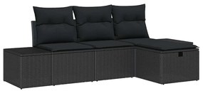 Conjunto de Sofá de Jardim de 4 peças com Almofadas Preto Vime Polipro