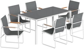 Outsunny Conjunto de Mesa e Cadeiras de Jardim de 7 Peças com Mesa de Vidro Temperado 6 Cadeiras e Estrutura em Aço Branco e Cinza | Aosom Portugal