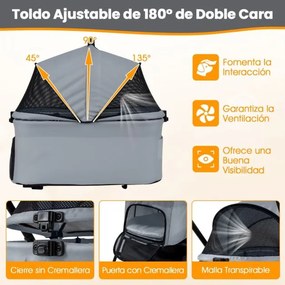 Carrinho para animais de estimação 3 em 1 dobrável com assento para carro, transportadora removível e toldo de malha ajustável para cães e gatos cinza