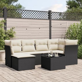 7 pcs conjunto de sofás p/ jardim c/ almofadões vime PE preto
