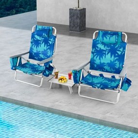 Conjunto de 2 cadeiras reclináveis de exterior com estrutura de alumínio e mesa de jardim, piscina campismo, praia dobraveis Azul