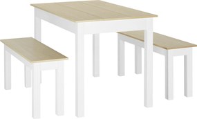 Conjunto de mesa de jantar de 3 peças com 2 bancos encaixáveis para 4-6 pessoas, estilo contemporâneo, em aglomerado cor carvalho e branco