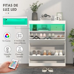 Móvel Sapateira de Entrada com Luzes LED Prateleira Aberta e 2 Gavetas Basculantes para 12-16 Pares 80x24x99,5 cm Branco Brilhante