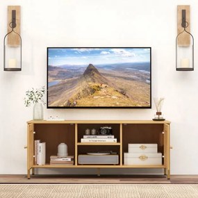 Móvel de TV para televisores até 55" Mesa de consola com 2 armários Estante aberta 5 pernas metálicas e 2 orifícios para cabos Natural