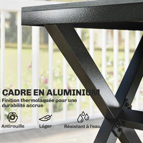 Conjunto de jantar de jardim de 7 peças para 6 pessoas, mesa e cadeiras empilháveis com ripas com efeito de madeira, estrutura em alumínio, cinzento
