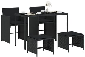 5 pcs conjunto de jantar p/ jardim c/ almofadões vime PE preto