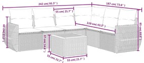 7 pcs conjunto de sofás p/ jardim c/ almofadões vime PE preto