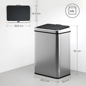 Caixote do lixo com sensor de 40 L, tampa com fecho suave, caixote do lixo de cozinha automático em aço inoxidável, prateado
