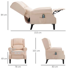 Poltrona de Massagem Poltrona Relax Reclinável com Controlo Remoto 2 Áreas de Massagem Bolso Lateral 78x83x101 cm Bege