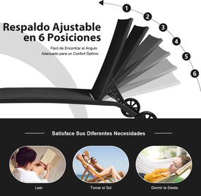 Conjunto de 2 espreguiçadeiras com rodas, tecido de secagem rápida e encosto reclinável em 6 posições, para exterior, piscina, pátio e jardim, Pretas