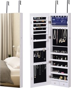 HOMCOM Espelho com Móvel de Bijuterias de Parede ou Porta Espelho de Parede com LED 5 Prateleiras 2 Gavetas 37x120x10cm Cinza Claro | Aosom Portugal