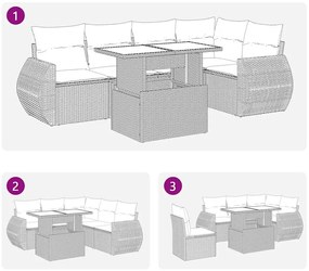 6 pcs conjunto de sofás jardim c/ almofadões vime PE castanho