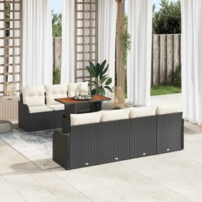 Conjunto de Sofás de Jardim de 8 Peças com Almofadas Preto Vime Poliéster