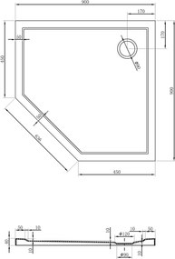 Mexen Flow base de duche pentagonal slim 90 x 90 cm, branco brilhante - 46P109090