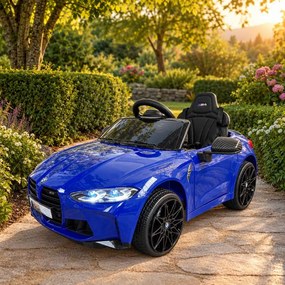 Carro elétrico para crianças BMW M4 12V 2.4G, Rodas de borracha, Assento em couro sintético Azul Metalizado