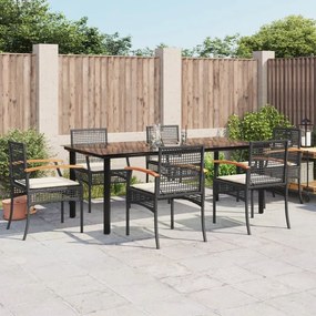 vidaXL 7 pcs conjunto de jantar p/ jardim c/ almofadões vime PE preto