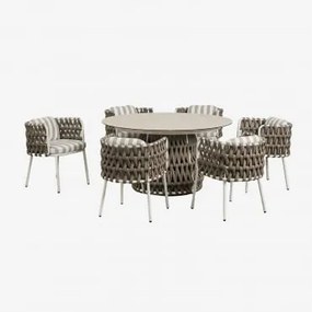 Conjunto De Mesa Redonda Ø140 Cm Em Cerâmica E 6 Cadeiras De Jardim Com Apoios De Braços Em Alumínio E Corda Trançada Tevary Gardénia Branco & Tecido