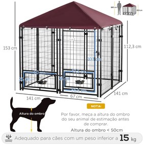 Canil para Cães com 8 Painéis 2 Suportes Giratórios para Comida 2 Tigelas e Toldo Impermeável 141x141x153 cm Preto e Vermelho