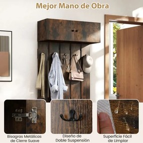 Cabide de parede para hall de entrada 90 x 33 x 210 cm com 5 ganchos duplos e armário com 2 portas e prateleira superior Castanho