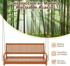 Banco de madeira suspenso para varanda para 2 pessoas com ganchos e cordas para jardim Carga 360kg Castanho