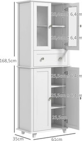 Armário de Cozinha Móvel Auxiliar de Cozinha com 2 Portas de Vidro Gaveta e Prateleiras Ajustáveis 61x35x168,5 cm Branco