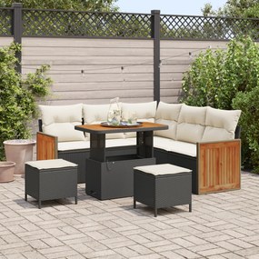 Conjunto de Sofá de Jardim de 8 Peças com Almofadas Pretas de Rattan Poliéster e Acácia