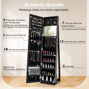 Armário para jóias com espelho Suporte para jóias com fechadura 91 compartimentos para anéis 38 x 38 x 157,5 cm Preto