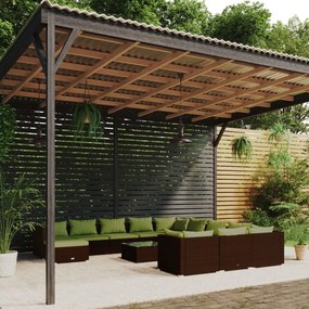 vidaXL 13 pcs conjunto lounge de jardim c/ almofadões vime PE castanho