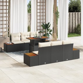 vidaXL Conjunto de Jantar de 7 Peças com Almofadas Preto Rattan PE Acácia