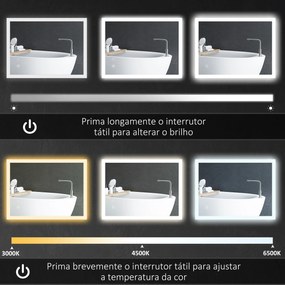 Espelho Casa de Banho com Luzes LED 70x50 cm Função Antiembaciamento 3 Cores Função de Memória e Interruptor Tátil Prata