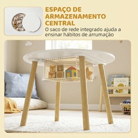 Mesa Infantil com 2 Cadeiras e Saco de Rede Tema Nuvem para Crianças dos 3 aos 6 Anos Creche Sala de Aula Branco