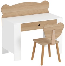 AIYAPLAY Secretária para Crianças com Cadeira em Forma de Ursinho Secretária Infantil com Gaveta para Estudar Ler e Desenhar Branco e Madeira