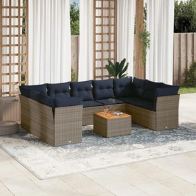 vidaXL 10 pcs conjunto sofás p/ jardim c/ almofadões vime PE cinzento