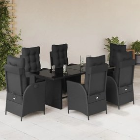 7 pcs conjunto de jantar p/ jardim c/ almofadões vime PE preto