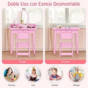 Conjunto de Toucador de Maquilhagem para Raparigas com Banco e Espelho Iluminado 2 Cores Iluminação LED Organizador de Jóias e Gaveta Rosa