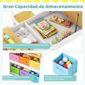 Mesa e cadeiras infantis 2 em 1 com arrumação, com tampo elevável, rolo de papel, 6 copos de tinta e 6 caixas brancas + naturais