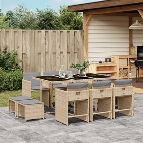 vidaXL 11 pcs conj. jantar jardim c/ almofadões vime PE bege misturado