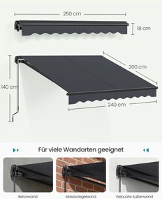 Toldo varanda articulado 250 x 200 cm com manivela para uma proteção solar fiável, cinzento