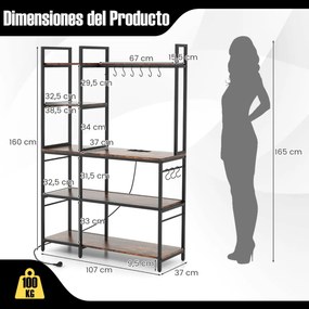 Estante de 5 níveis para cozinha com 2 tomadas e com 10 ganchos 107 x 37 x 160 cm para micro-ondas Castanha