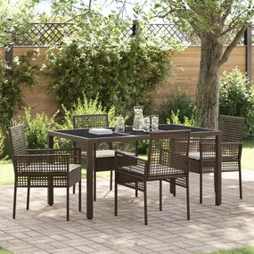 Conjunto de Jantar para Jardim de 5 Peças com Almofadas em Rattan Poliéster Castanho