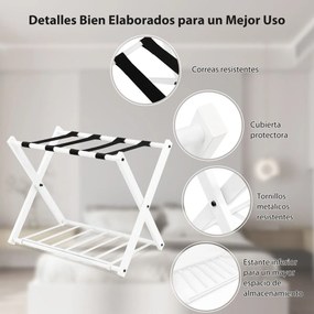 Estante dobrável de metal para bagagens até 60 kg com 4 correias estáveis e design de 2 andares para casa e hotel Branco
