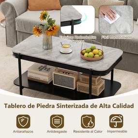 Mesa de centro Moderna Retangular 90 x 50 x 45,5 cm de 2 Níveis com Tampo Sinterizado e Estrutura Metálica Cinza