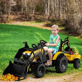 Trator elétrico de 12V para crianças dos 3 aos 8 anos Escavadora com reboque Balde de escavação Brinquedo de controlo remoto 245 x 63 x 85 cm Amarelo