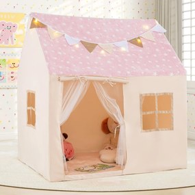 Tenda Casa para crianças infantil 119 x 104 x 129 cm com cortinas, janelas, luzes, bandeirinhas e tapete acolchoado interior rosa