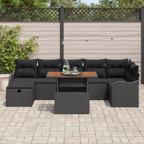 Conjunto de Sofá de Jardim vidaXL 8 Peças com Almofadas Preto Rattan P